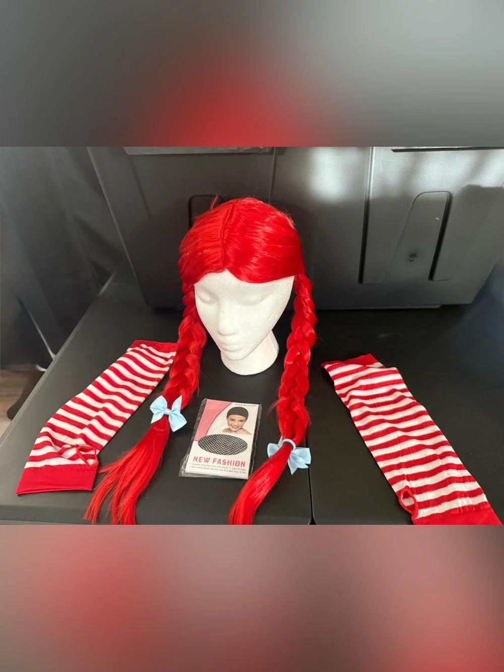 Red & White Dress Up Costume- Wig,Striped Arm Warmers,Leggings and Apron Set